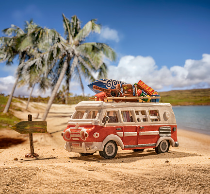 Fictional Vintage motor home at tropical beach scenery with luggage - Miniature