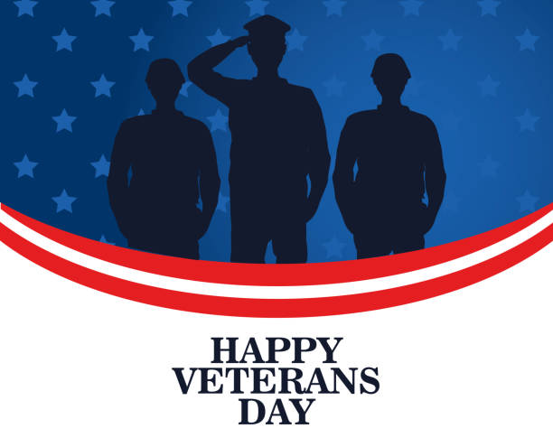 ilustrações de stock, clip art, desenhos animados e ícones de happy veterans day celebration with military officer and soldiers saluting silhouettes - navy officer armed forces saluting