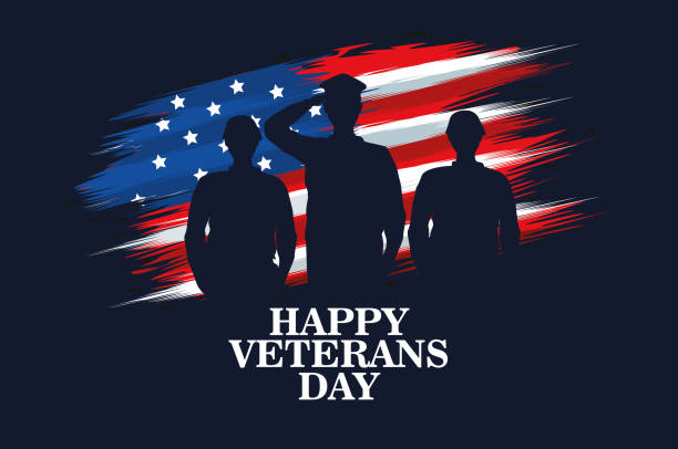 ilustraciones, imágenes clip art, dibujos animados e iconos de stock de feliz celebración del día de los veteranos con oficial militar y soldados saludando - veteran military armed forces saluting