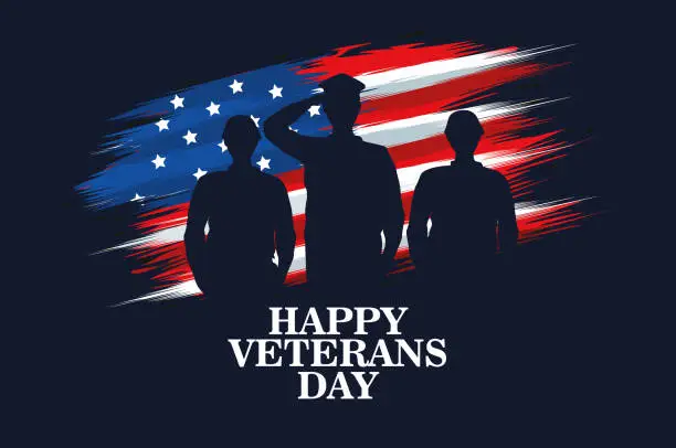 Vector illustration of happy veterans day celebration with military officer and soldiers saluting