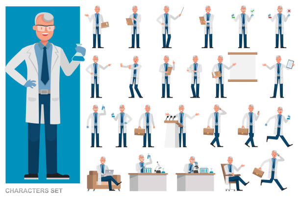 ilustrações, clipart, desenhos animados e ícones de conjunto de design de vetor de personagem do man scientist. apresentação em diversas ações com emoções, corrida, pé e caminhada. - professor scientist chemistry teacher