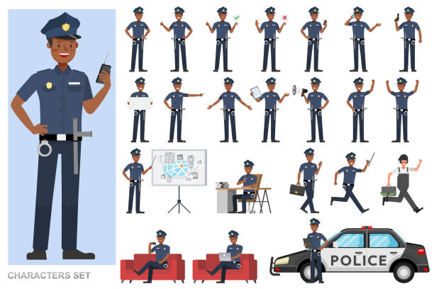 illustrazioni stock, clip art, cartoni animati e icone di tendenza di set di policeman che lavora character vector design. presentazione in varie azioni con emozioni, corsa, stando in piedi e camminando. - badge blue crime law