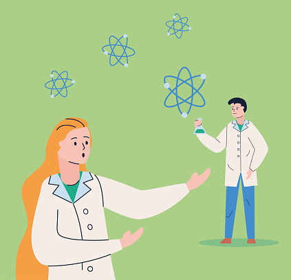 couple scientifics with atoms molecule research vaccine vector illustration design