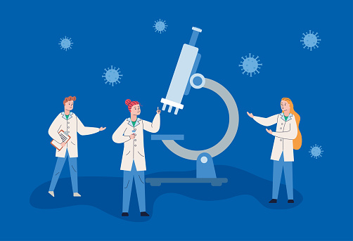 group of scientifics with microscope research vaccine vector illustration design