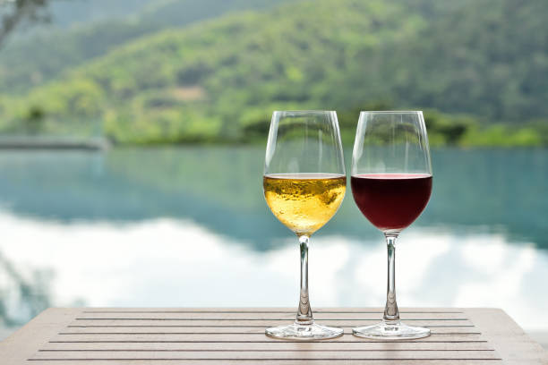 istock Glass of chilled white and red wine on table 1278187775
