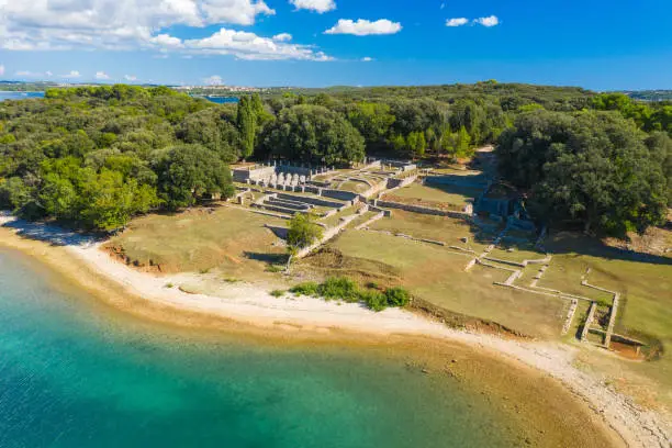 Aerial view of the Verige Bay with the ruins of Roman villa in Brijuni National Park