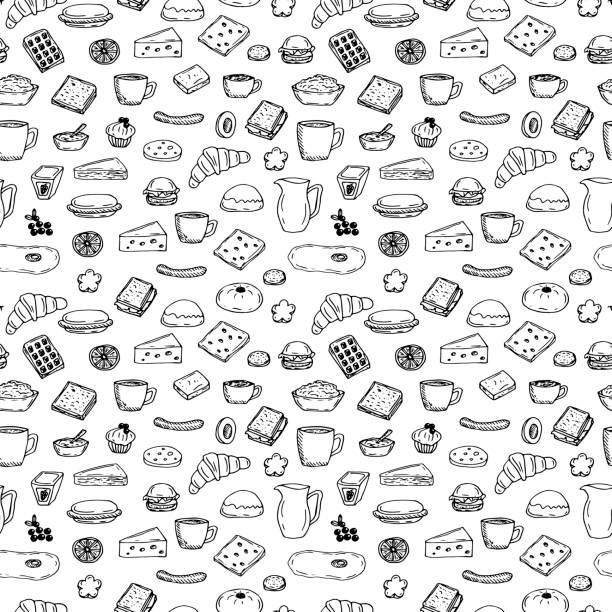 illustrations, cliparts, dessins animés et icônes de modèle sans couture chaud petit déjeuner produits populaires, illustration vectorielle, dessin à la main - biscuit sausage sandwich breakfast