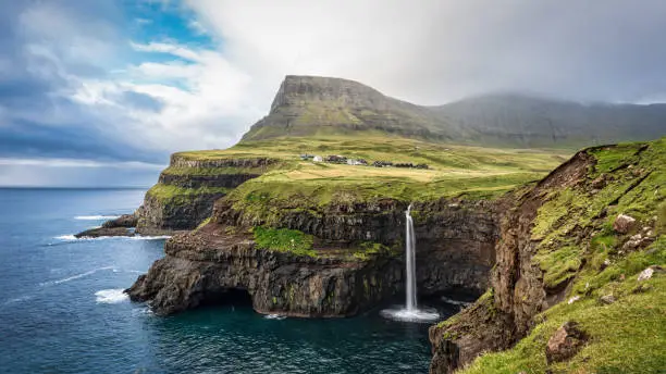 Photo of Panorama Mulafossur Waterfall Gásadalur Village Vágar Faroe Islands