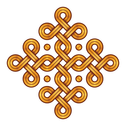Vector Illustration of a Viking Nordic knot - mystic, decorative symbol with interweaved Golden Engraved lines. Lines, engraving and fill color neatly in separate well-defined Layers.