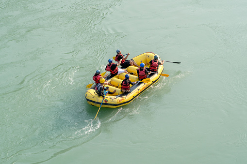 Rishikesh, India - nov 05, 2018 : Rafting on the Ganges river in Rishikesh, North India, aerial view