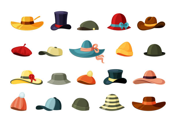 ilustrações de stock, clip art, desenhos animados e ícones de hats and color caps set. retro brown trilby trendy green baseball traditional felt bowler cap elegant purple top hat felt slouchy with curled brim cloche homburg wide ribbon panama. cartoon vector. - set blue brown green