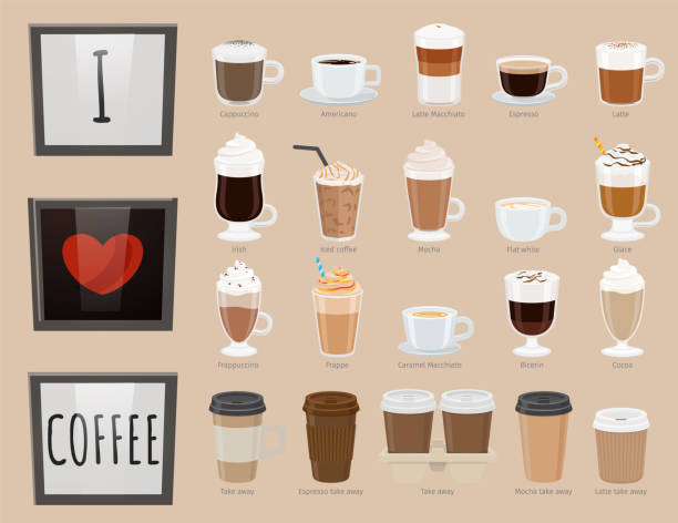I Love Coffee, Types of Hot Beverage with Heart Collection of glasses with drinks. Coffee types, variety of beverages. Americano and latte macchiato, iced coffee and irish type. Frappuccino and frappe, bicerin and cocoa takeaway. Vector in flat mocha stock illustrations
