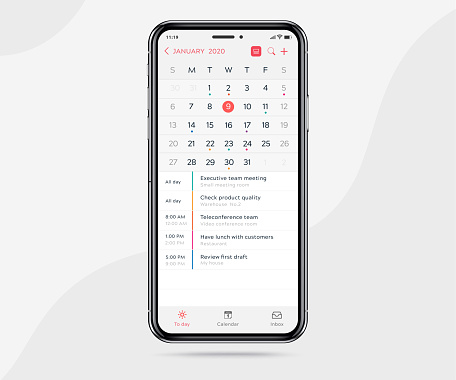 Mobile app calendar light mode concept, Activity calendar template UI UX design, Smartphone calendar schedule application, Vector illustration for graphic design