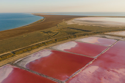 Scenic aerial view of pink salt lake