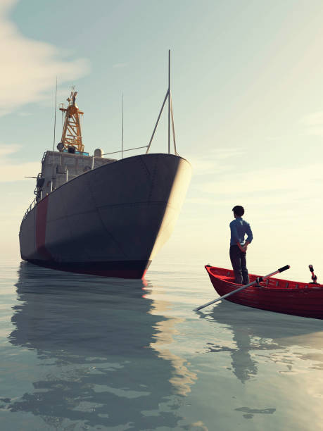 Man in a small boat looking at a ship . Progress and chanllenge concept. This is a 3d render illustration .