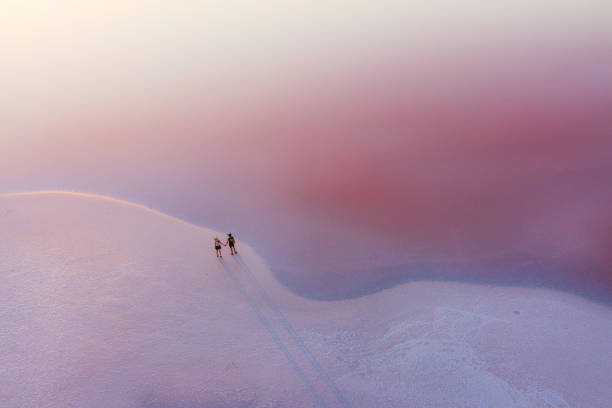 Scenic aerial view of couple walking on  pink salt lake Scenic aerial view of couple walking on  pink salt lake tranquil scene stock pictures, royalty-free photos & images