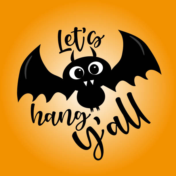 ilustrações, clipart, desenhos animados e ícones de vamos pendurar a frase engraçada com um morcego preto bonito para o halloween. - bat cartoon halloween wing