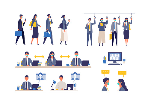 A day of working businessmen in the new normal lifestyles. Flat design vector illustration of masked business people. Concept for teleworking.