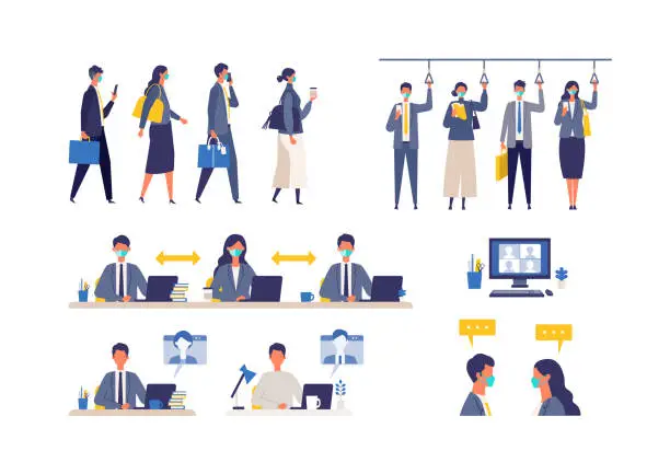 Vector illustration of A day of working businessmen in the new normal lifestyles. Flat design vector illustration of masked business people.