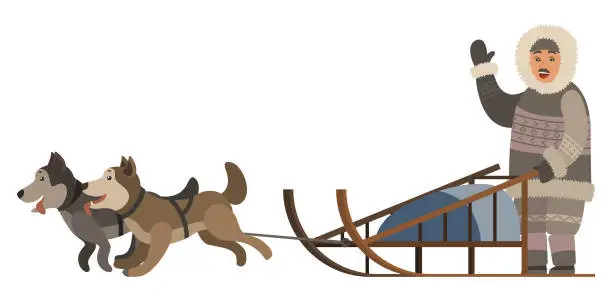 Vector illustration of Inuit with Husky Dogs and Sledges, Northern Man