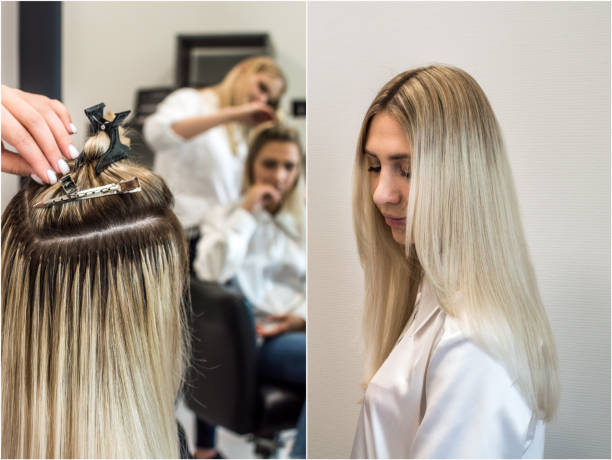Collage of hair extensions before and after. Hair extension process and blonde woman with hair extensions stock photo