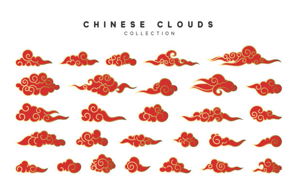 sammlung von roten und goldenen wolken im chinesischen stil - pattern cloudscape cloud metallic stock-grafiken, -clipart, -cartoons und -symbole