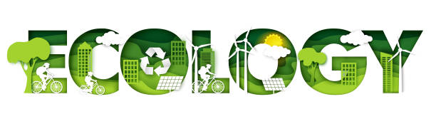 Ecology word with paper cut family riding bicycles, green eco friendly city, vector illustration in paper art style. Ecology word with paper cut family characters riding bicycles with backpacks, eco friendly city, solar panels, windmills. Vector illustration in paper art style. Ecology typography banner template. family word stock illustrations
