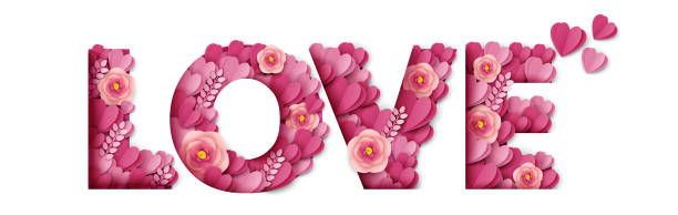 illustrazioni stock, clip art, cartoni animati e icone di tendenza di parola d'amore fatta di bellissimi fiori e cuori rosa tagliati di carta, illustrazione vettoriale. modello di banner tipografico love. - love word