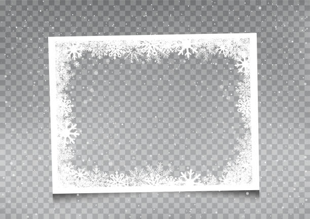 snowy rectangular frame template Snowy rectangular frame template on gray transparent background. Christmas snowflakes holiday ice ornament banner frame border borders stock illustrations
