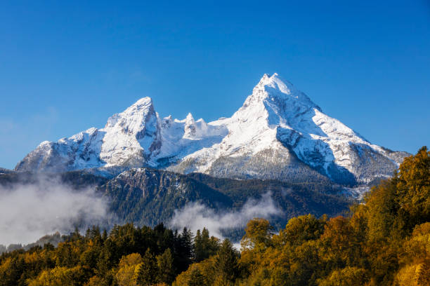 watzmann in autunno con cielo blu e montagna innevata - sunrise european alps mountain alpenglow foto e immagini stock