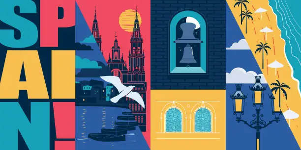Vector illustration of Spain vector skyline illustration, postcard. Travel concept in modern flat graphic design element