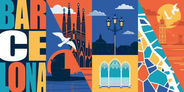 스페인, 카탈로니아 벡터 스카이 라인 일러스트, 엽서. 바르셀로나 디자인 요소 여행 - barcelona stock illustrations
