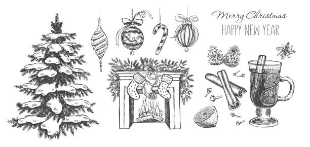 weihnachtsset, glühwein, kamin, baum. handgezeichnete illustration - glühwein stock-grafiken, -clipart, -cartoons und -symbole
