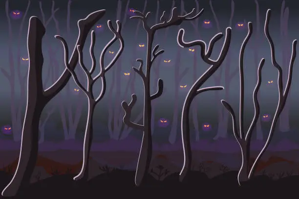 Vector illustration of Monsters in dark forest. Scary haunted woodland. Ghostly foggy forest.