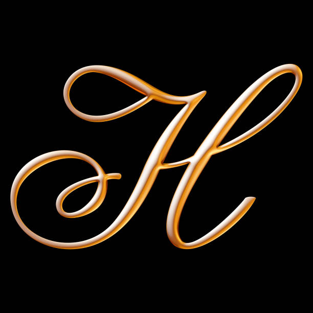 Golden 3d alphabet, embossed letter h, uppercase font, 3d illustration, black background, isolated shape