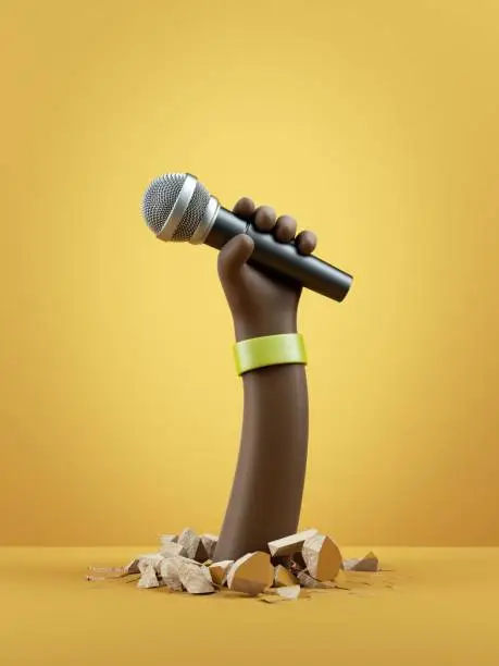 3d render, cartoon character dark skin tone hand holds microphone. Rock concert clip art isolated on yellow background