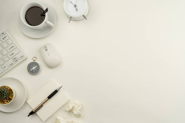istock Office desk table of Business workplace and business objects on white leather background. 1278232844