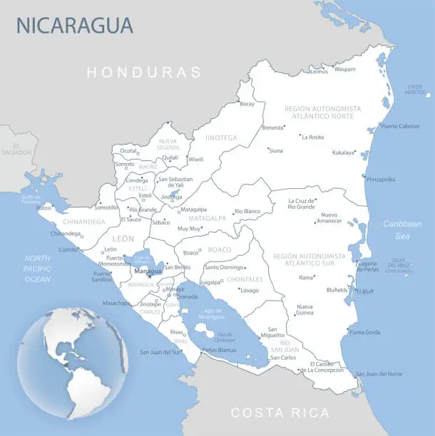 Vector illustration of Blue-gray detailed map of Nicaragua and administrative divisions and location on the globe.