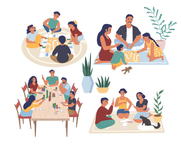 People playing board games, vector illustration. Families, friends sitting at table, on the floor spending time together Happy people playing board games, flat vector illustration. Families parents with kids, adults friends sitting at table, on the floor enjoying spending time together at home and playing tabletop games board games stock illustrations