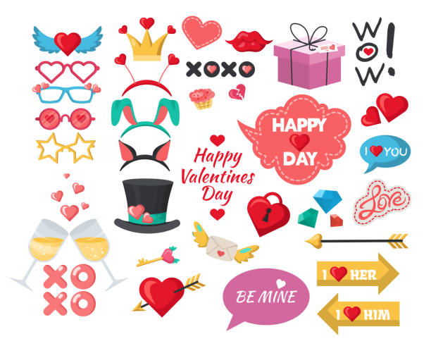 valentinstag fotokabine requisiten, party-dekoration-set, flache vektor isoliert e-illustration. - champagne pink bubble vector stock-grafiken, -clipart, -cartoons und -symbole