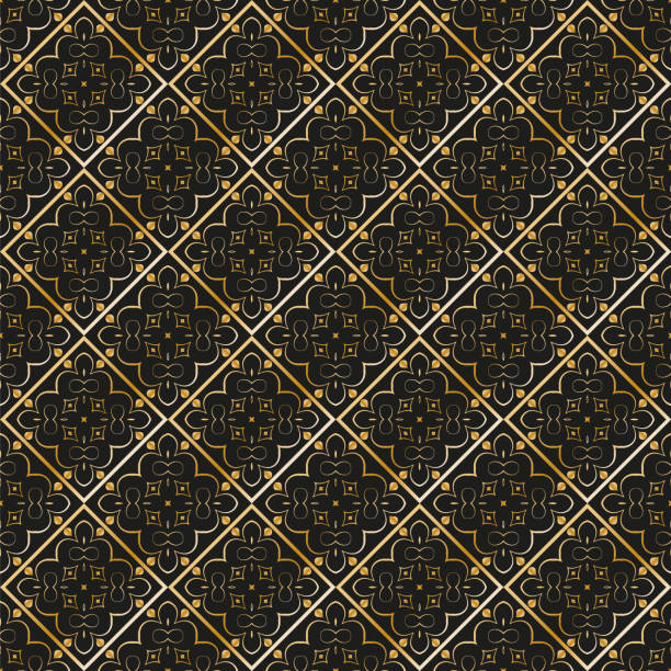 istock Abstract geometric pattern with lines, rhombuses A seamless background. Dark blue and gold texture. 1278239419