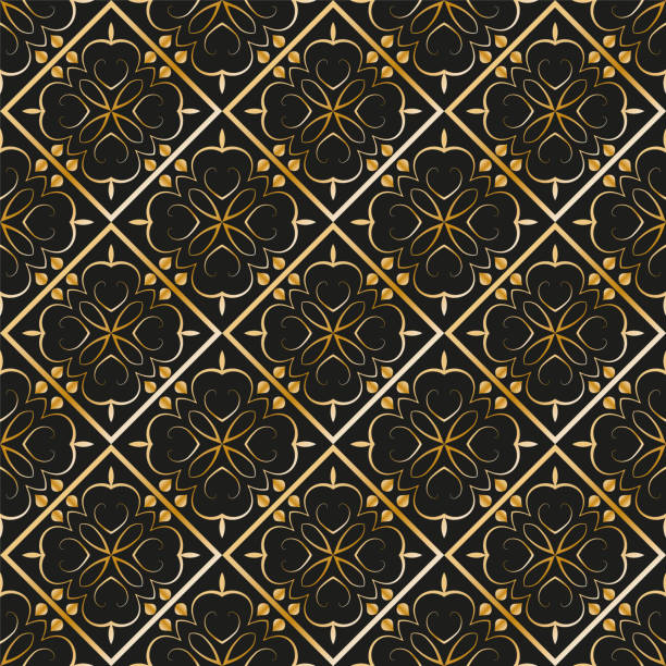 istock Abstract geometric pattern with lines, rhombuses A seamless background. Dark blue and gold texture. 1278239423