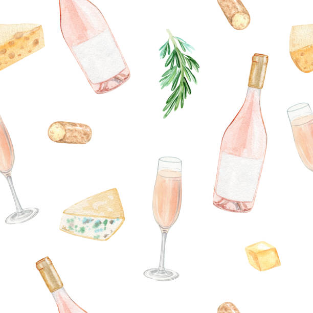 ilustraciones, imágenes clip art, dibujos animados e iconos de stock de botella de vino de rosa de acuarela y patrón sin costura de queso sobre fondo blanco - wine cheese glass gourmet