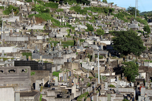Japanese cemetery complex in hilly Nagasaki. Taken in August 2019.