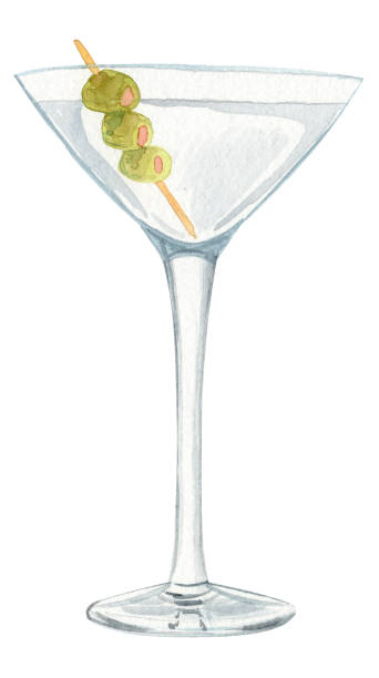 illustrazioni stock, clip art, cartoni animati e icone di tendenza di cocktail martini disegnato a mano ad acquerello con olive verdi isolate su sfondo bianco - cocktail martini olive vodka
