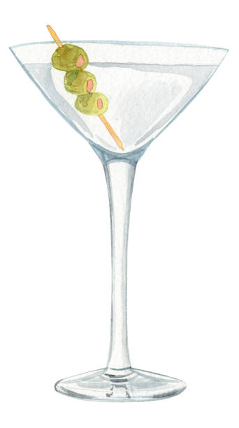 흰색 배경에 고립 된 녹색 올리브와 수채화 손으로 그린 마티니 칵테일 - cocktail martini olive vodka stock illustrations