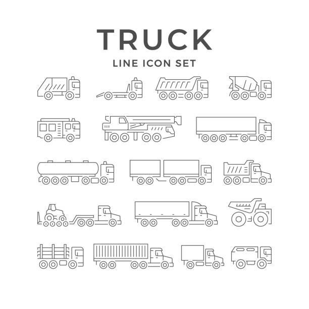 Set line icons of trucks Set line icons of trucks isolated on white. Container trailer, dumper, garbage truck, concrete mixer, van, fire engine, career dumper, tow truck, tanker. Freight transportation. Vector illustration tank truck stock illustrations