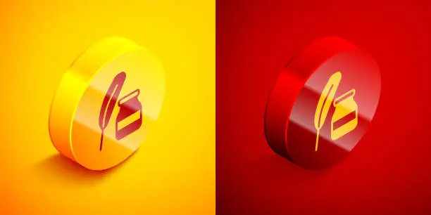 Vector illustration of Isometric Feather and inkwell icon isolated on orange and red background. Circle button. Vector