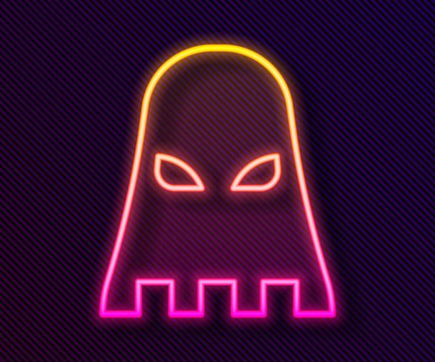 Glowing neon line Executioner mask icon isolated on black background. Hangman, torturer, executor, tormentor, butcher, headsman icon. Vector Glowing neon line Executioner mask icon isolated on black background. Hangman, torturer, executor, tormentor, butcher, headsman icon. Vector. medieval torture drawings stock illustrations