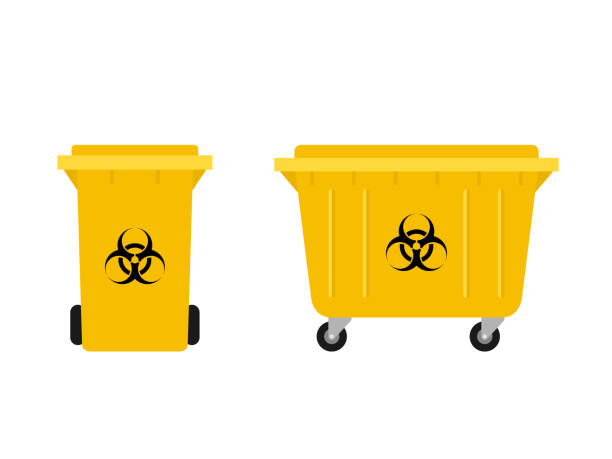 ilustrações de stock, clip art, desenhos animados e ícones de biohazard bin and dumpster set. yellow garbage basket and container with biohazard symbol. - bio hazard